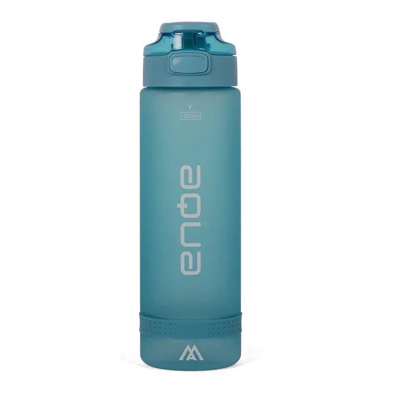 Iceblaue Tritan Trinkflasche mit großem Verschluss und weißem Logo senkrecht.