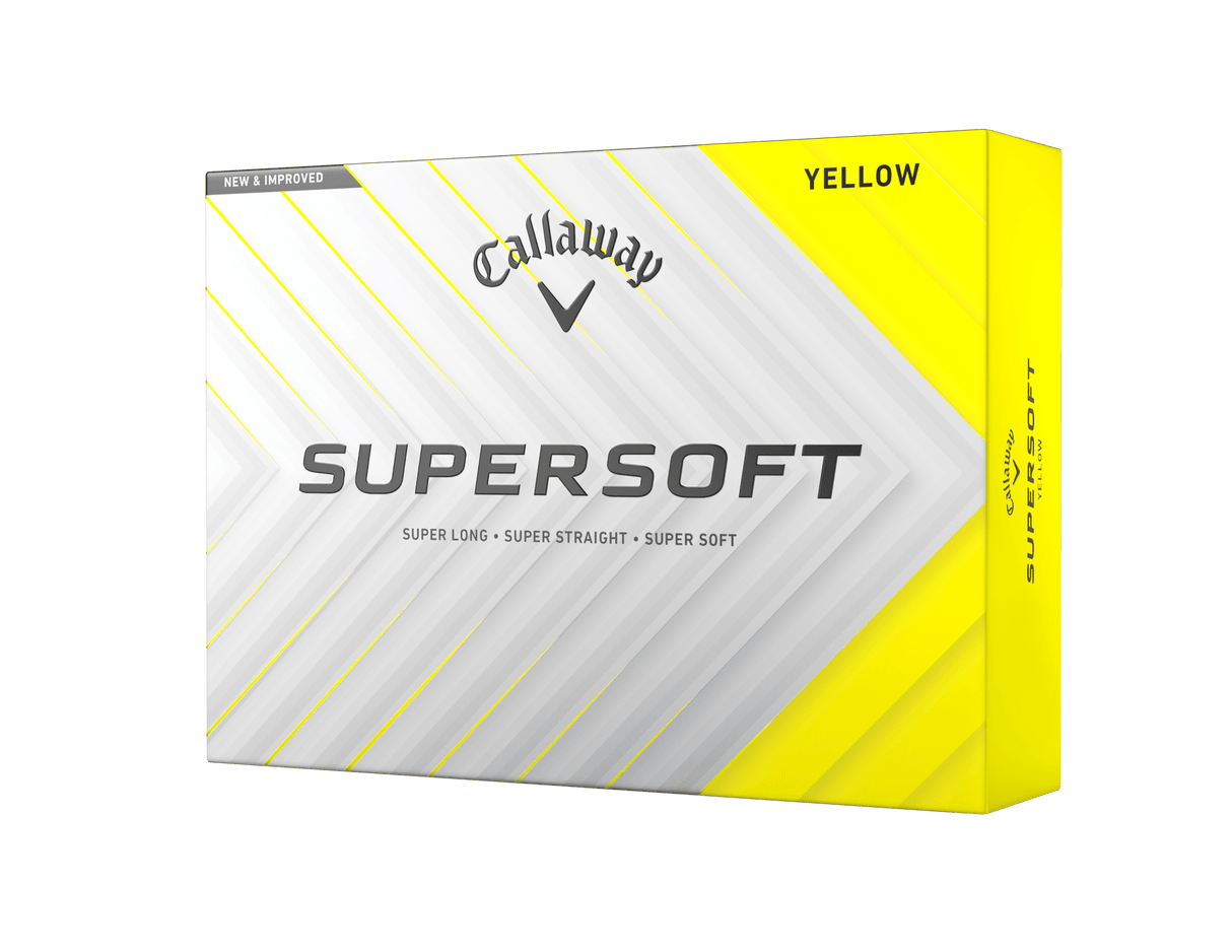 Callaway Supersoft Golfbälle 12er Pack gelb mit weiß-gelbem Verpackungsdesign.