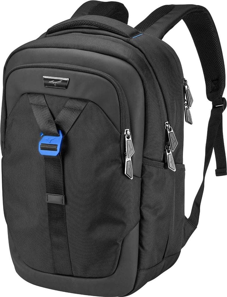 Schwarzer Mizuno Rucksack mit mehreren Reißverschlussfächern und gepolsterten Schultergurten.