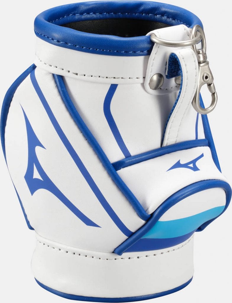 Weiß-blauer Mizuno Tour Stift Caddy mit Schlüsselanhänger und Golf-Logo.