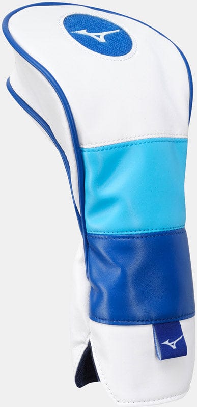 Weiß-blaue Mizuno Tour Fairway Schlägerhaube mit Logo und Lederakzenten.
