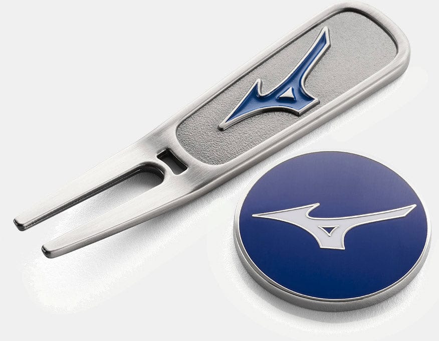 Silberne Mizuno Pitchgabel mit blauem Marker, beide mit weißem Mizuno-Logo.