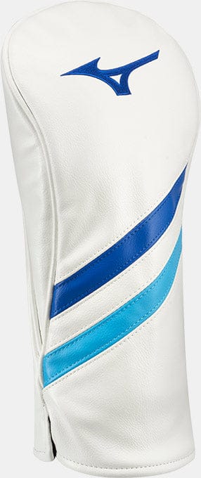 Weiße Mizuno RB Track Driver Kopfhaube mit blauem Logo und diagonalen Streifen.