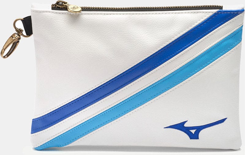 Weiße Mizuno RB Track Zip Tasche mit blauen diagonalen Streifen und Reißverschluss oben.