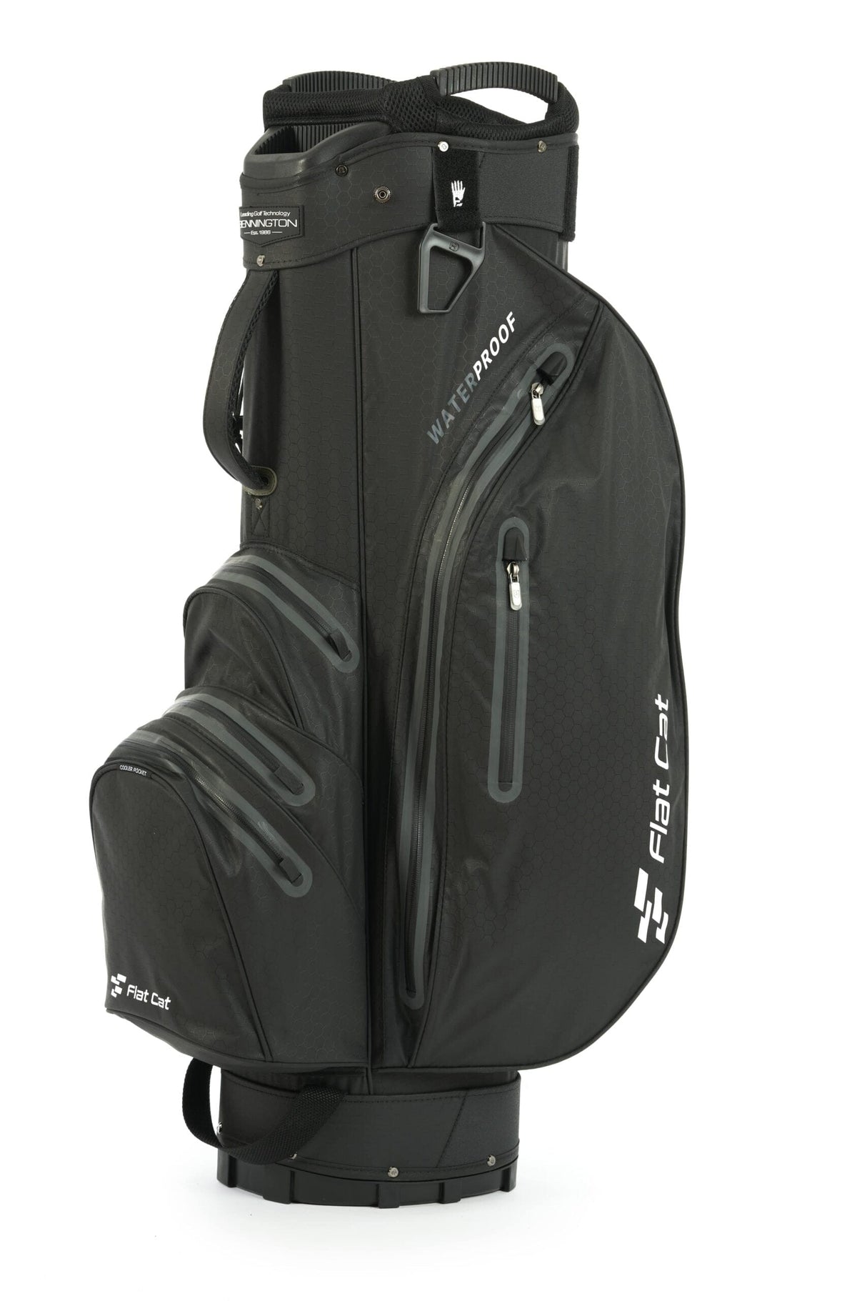 Schwarzes Flat Cat Dry Fit Golfcartbag mit mehreren Reißverschlusstaschen und Tragegriff.