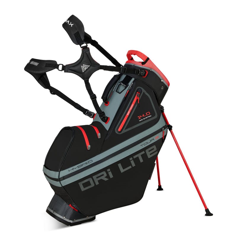 Schwarzes Big Max Dri Lite Hybrid Tour 2 Golf-Standbag mit roten Akzenten und grauem Schriftzug.