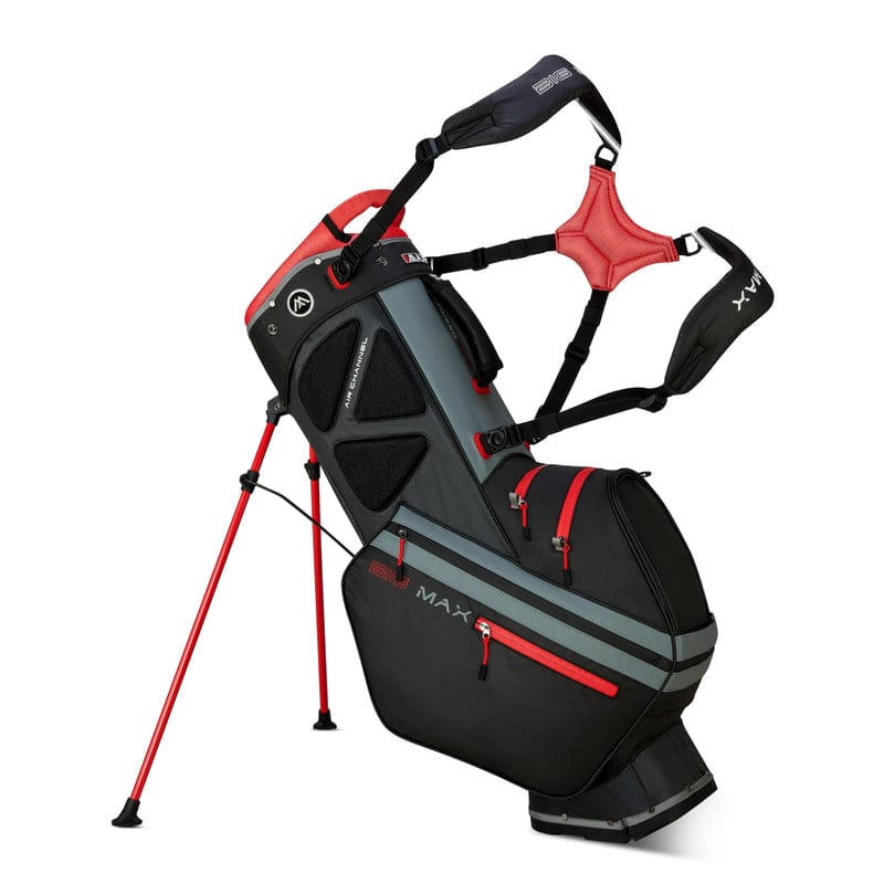 Big Max Dri Lite Hybrid Tour 2 Standbag in Schwarz mit roten Akzenten, Tragegurt und Ständer.