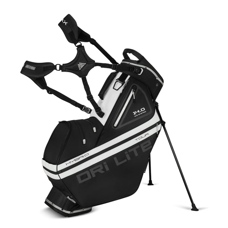 Schwarzes und weißes Big Max Dri Lite Hybrid Tour 2 Golf-Standbag mit mehreren Fächern und Stauraum.