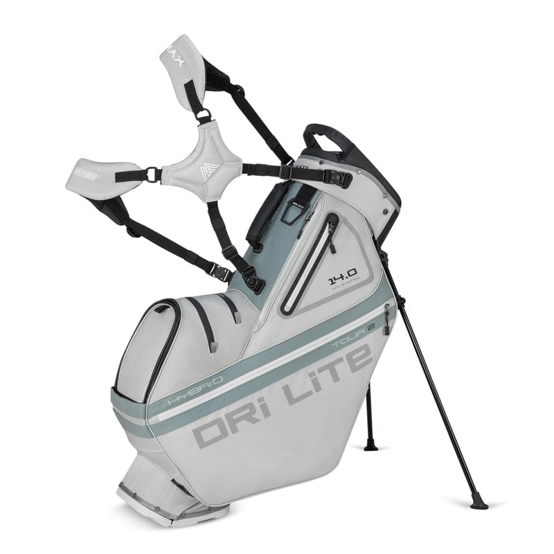 Silber-graues Big Max Dri Lite Hybrid Tour 2 Golfbag mit Ständer und seitlichen Reißverschlusstaschen.