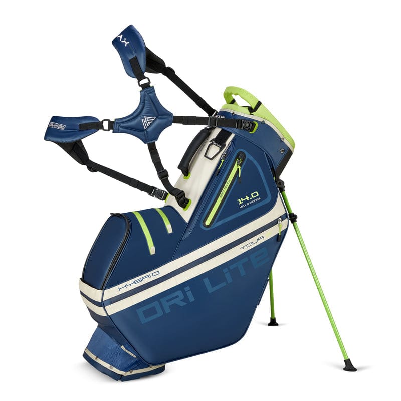Navy-blaues Big Max Dri Lite Hybrid Tour 2 Golfbag mit limettengrünen Akzenten und Stativbeinen.