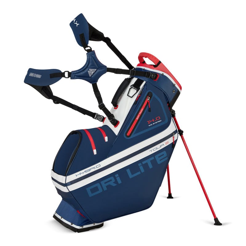 Navyblaues Big Max Dri Lite Hybrid Tour 2 Golfstandbag mit roten Akzenten und weißen Streifen.