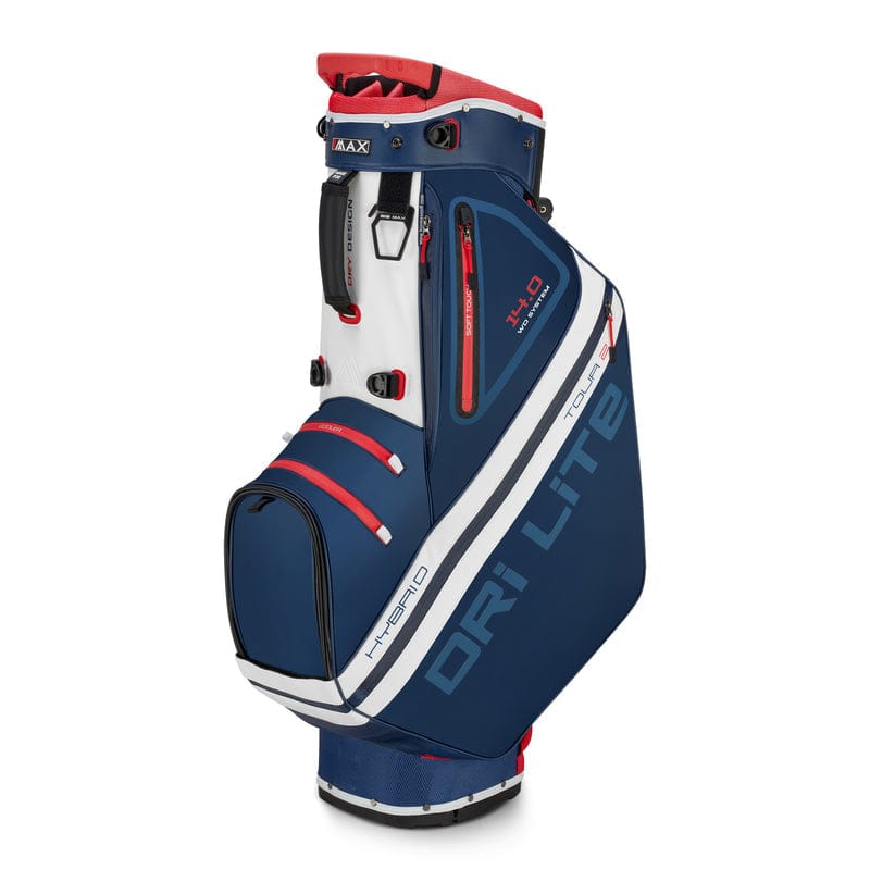 Navyweißes Big Max Dri Lite Hybrid Tour 2 Golf-Cartbag mit roten Akzenten und weißem Logo.