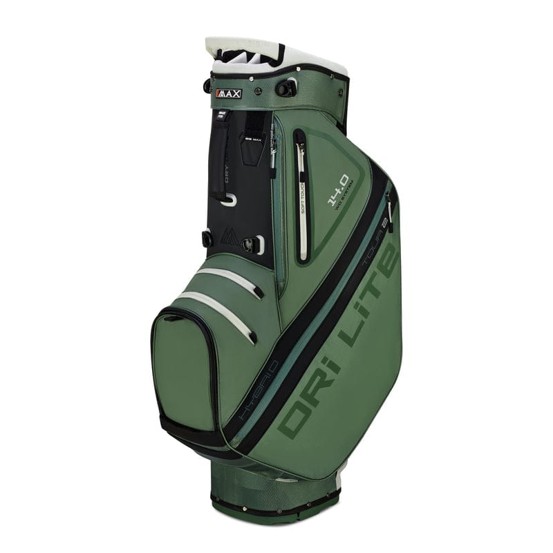 Olivegrünes Big Max Dri Lite Hybrid Tour 2 Golfbag mit schwarzem und grauem Akzent und mehreren Reißverschlusstaschen.