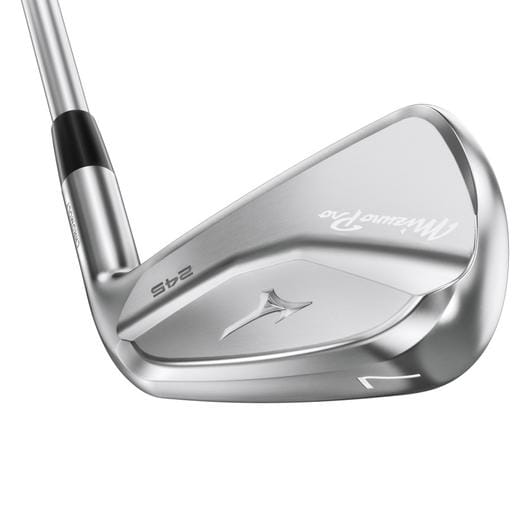 Mizuno Pro 245 Golfschläger-Eisen, polierter Stahlkopf mit feiner Gravur und schlankem Design.