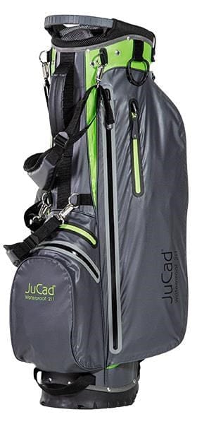 Wasserdichtes JuCad Hybrid Golfbag in Grau-Grün mit grünem Akzent und mehreren Reißverschlusstaschen.