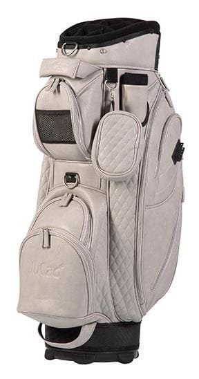 Hellbraunes JuCad Style Golf-Cartbag mit mehreren Taschen und schwarzem Bodenbereich.