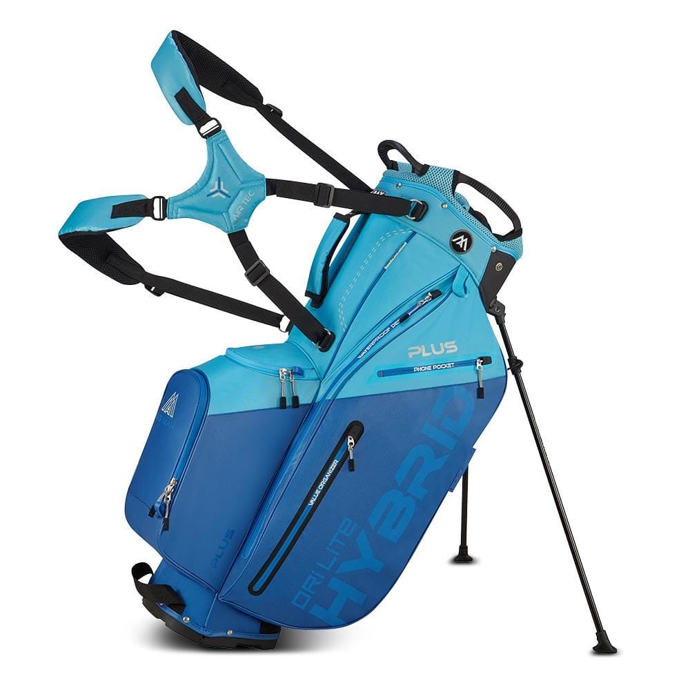 Blaues Big Max Dri Lite Hybrid Plus Golfstandbag mit schwarzem Tragegurt und mehreren Reißverschlusstaschen.