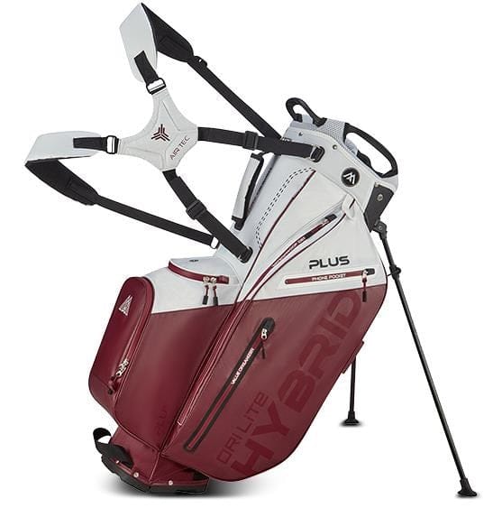 Weiß-rotes Big Max Dri Lite Hybrid Plus Golf-Standbag mit integriertem Cartbag und Ständer.