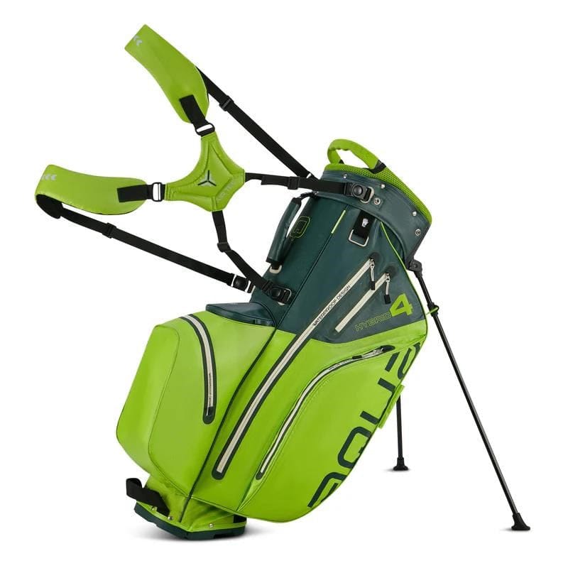 Grünes Big Max Aqua Hybrid 4 Golf-Standbag mit zwei Tragegurten und mehreren Reißverschlusstaschen.