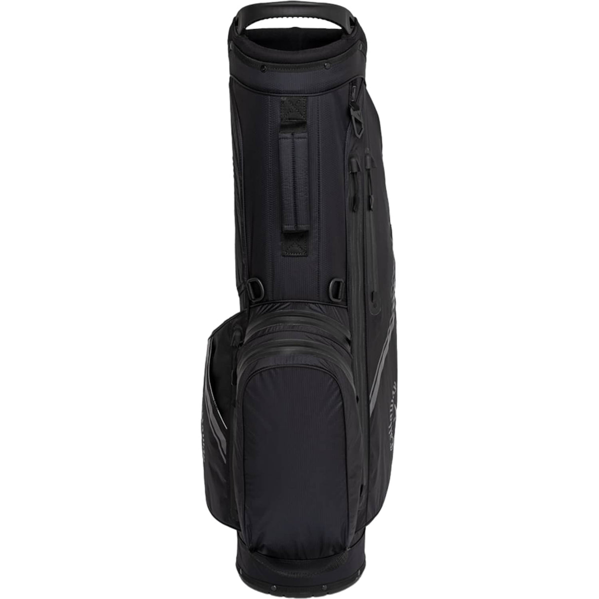 Schwarzer Callaway Chase Dry Stand Golfbag mit mehreren Reißverschlusstaschen und Tragegriff hinten.
