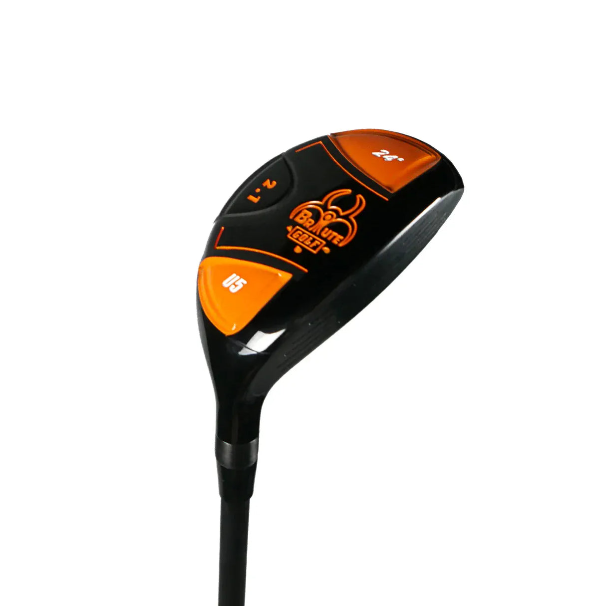 Schwarzer Hybrid-Golfschläger mit orangen Akzenten und Brute Golf Logo auf dem Schlägerkopf.