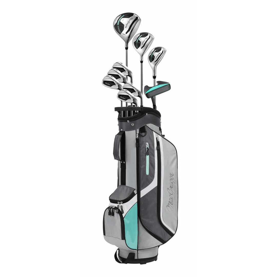 MacGregor CG3000 Damen Golfset mit 7 Schlägern und grauem, türkis akzentuiertem Golfbag.