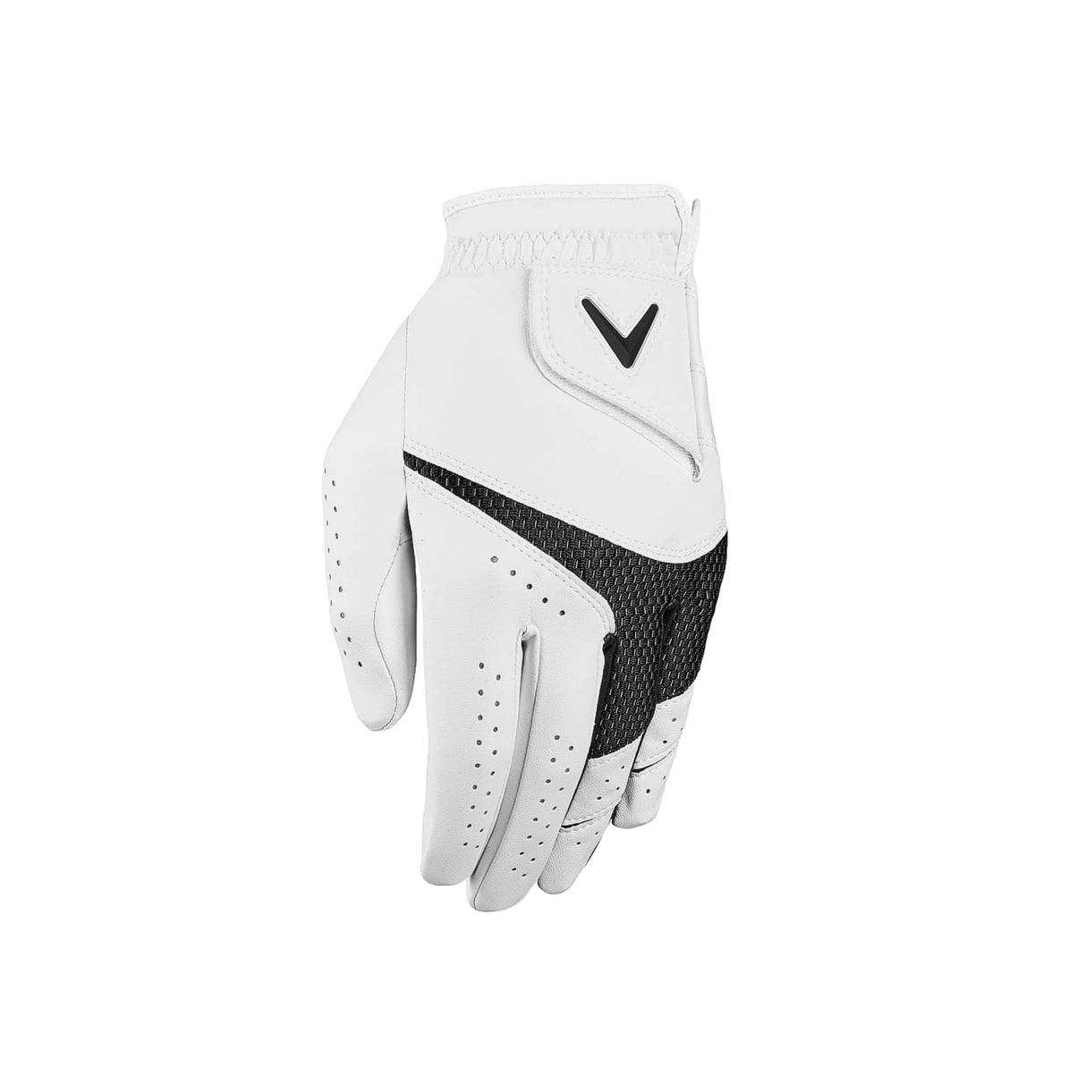 Weißer Callaway Weather Spann Junior Golfhandschuh mit schwarzem Mesh-Einsatz und V-Logo.