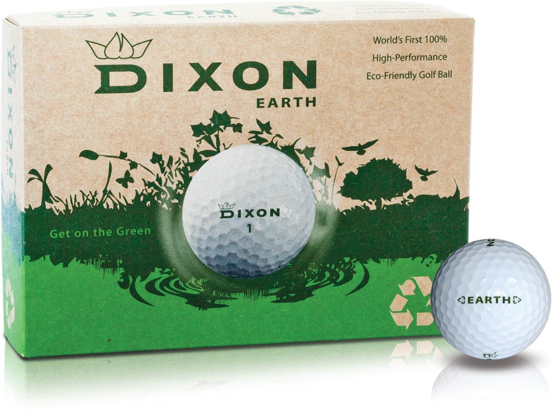12 Dixon Earth Golfbälle mit umweltfreundlicher Verpackung in Braun und Grün.