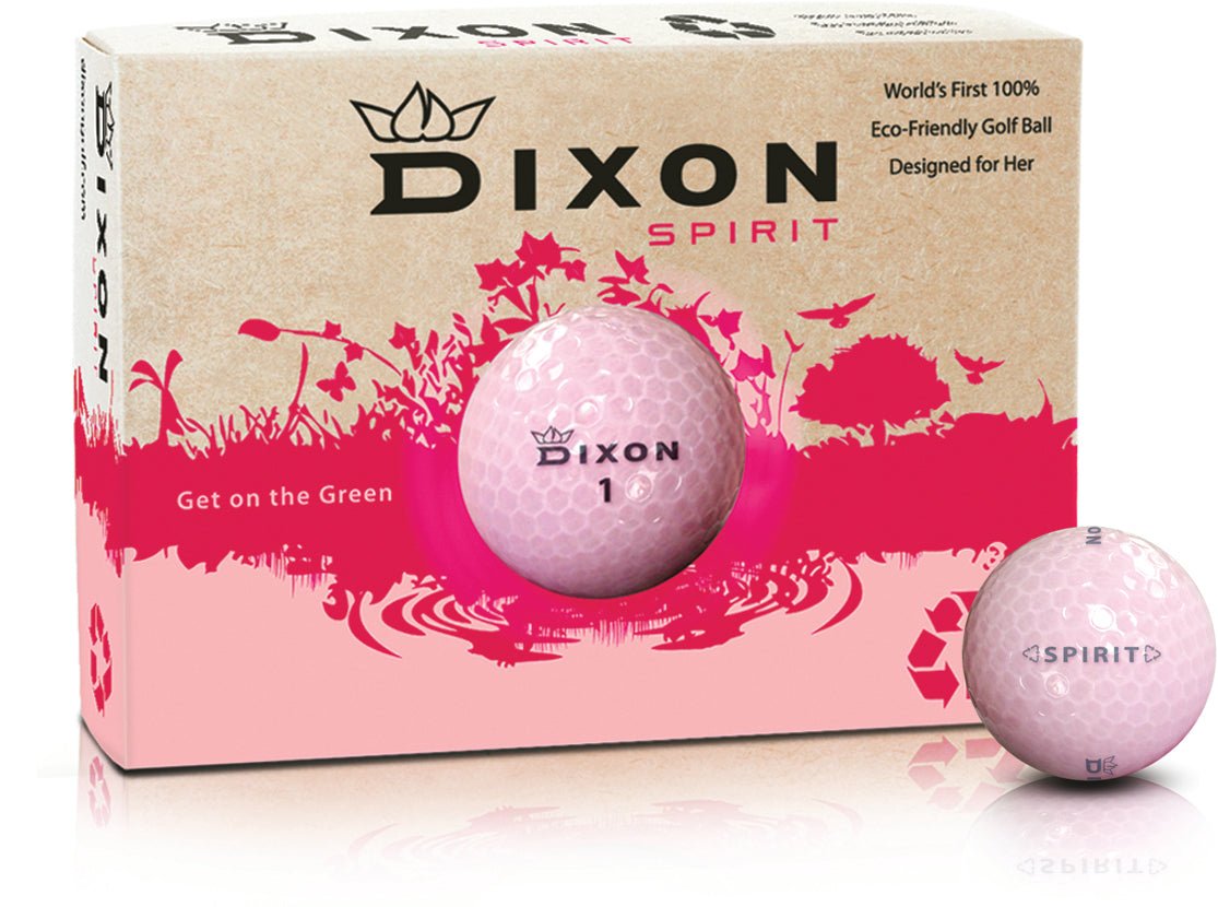 Pinkfarbener Dixon Spirit Golfball mit schwarzem Logo neben passender Verpackung mit pinkem Design.