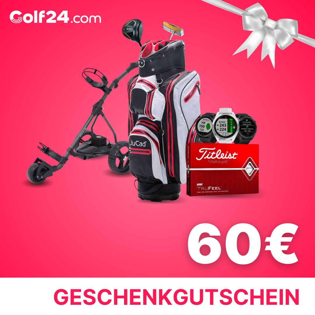 Geschenkgutschein 60 Euro mit Golfset, Golftasche, Golfwagen und Golfbällen auf rotem Hintergrund.