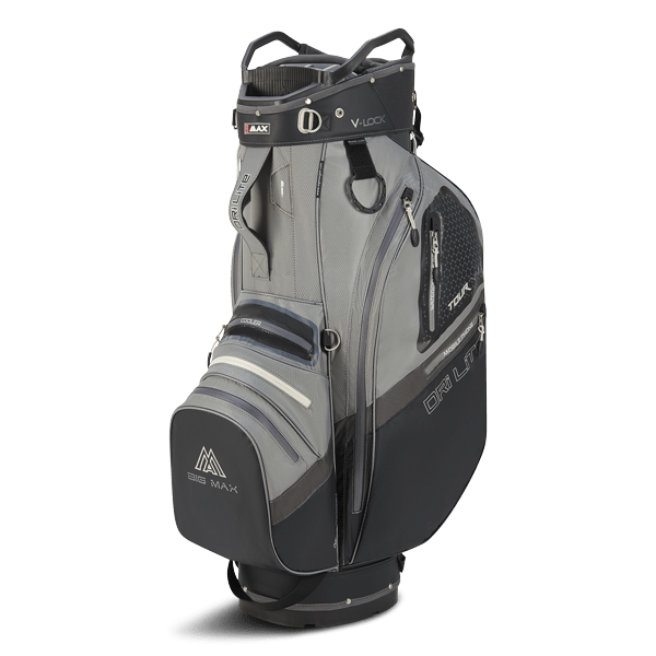 Grauschwarzes Big Max Dri Lite V-4 Golf-Cartbag mit mehreren Taschen und Schulterriemen.