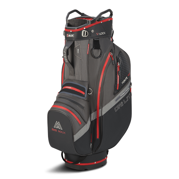 Big Max Dri Lite V-4 Cartbag in Grau-Schwarz mit roten Akzenten und mehreren Taschen.