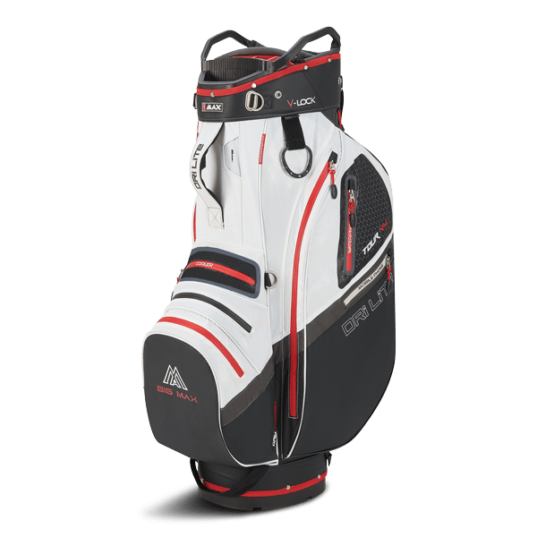 Weißes Big Max Dri Lite V-4 Golf-Cartbag mit schwarzen und roten Akzenten, mehreren Taschen und Logo auf der Vorderseite.