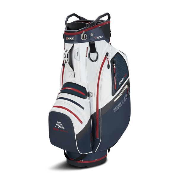 Big Max Dri Lite V-4 Golf-Cartbag in Weiß, Dunkelblau und Rot mit mehreren Taschen und Tragegriff.