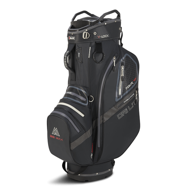 Schwarzes Big Max Dri Lite V-4 Cartbag mit mehreren Reißverschlusstaschen und gestepptem Griff.