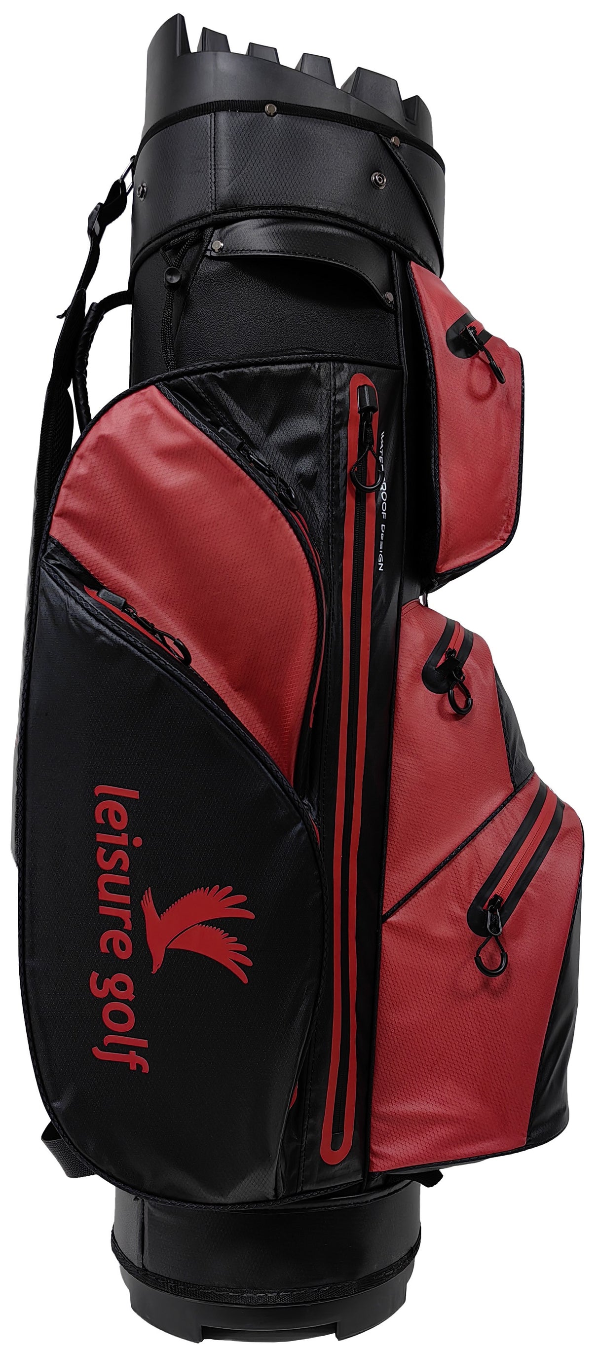 Schwarzer Golf-Cartbag mit roten Fronttaschen und leisure golf Logo in Rot.