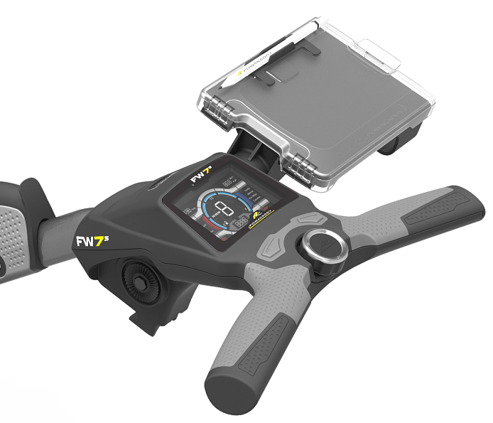 PowaKaddy Scorecard Halter mit integriertem Fach und grauen Griffen.