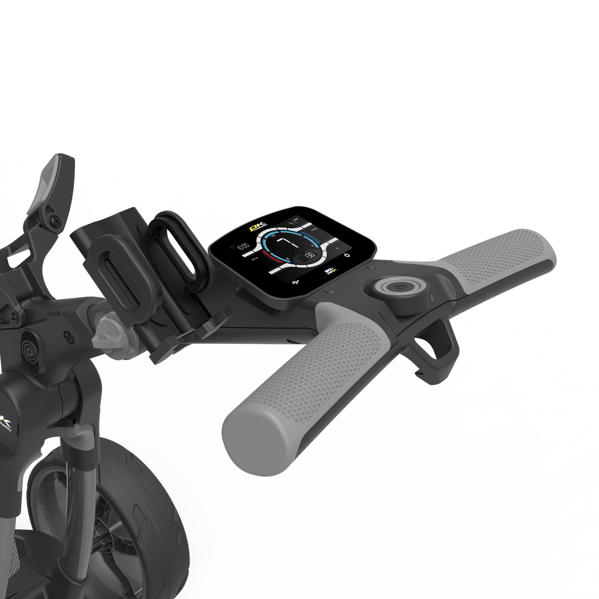 Schwarzer Smartphone- und GPS-Halter aus Kunststoff mit Halterung am Griff eines Golf-Trolleys.