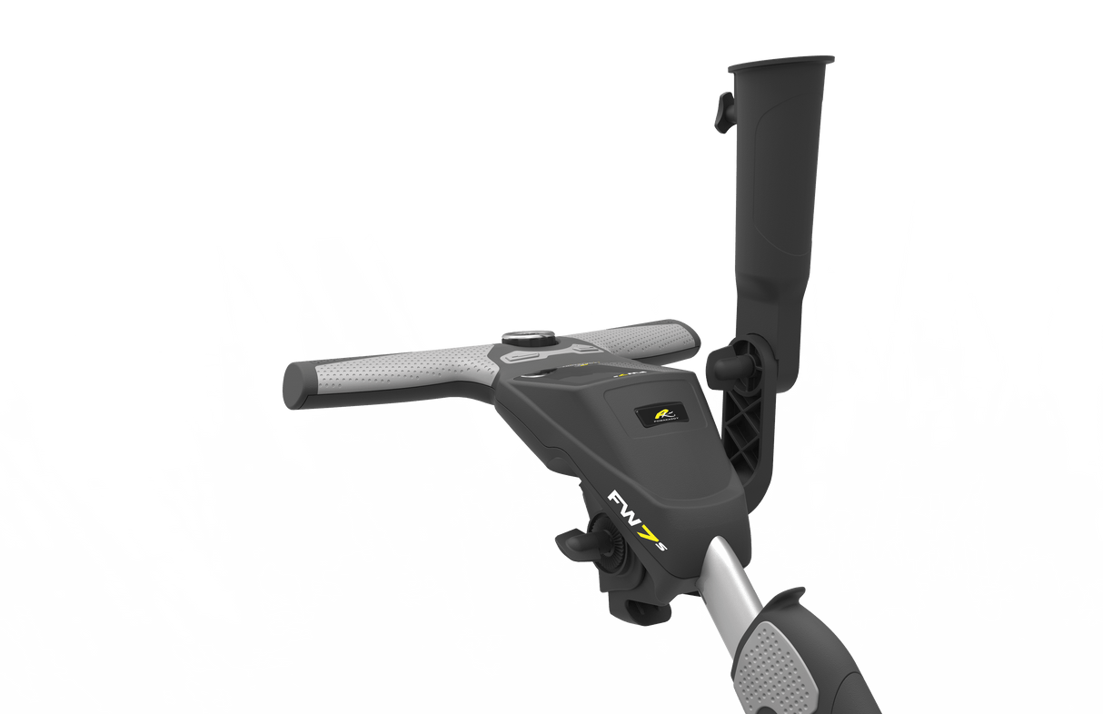Schwarzer PowaKaddy Regenschirmhalter aus robustem Kunststoff für Trolley, mit verstellbarer Klammer und Halterung.
