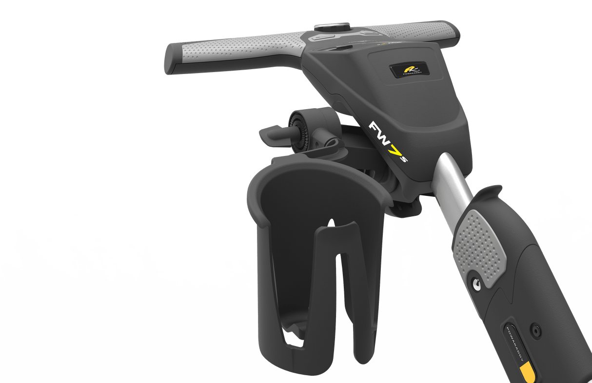 Schwarzer PowaKaddy Getränkehalter aus Kunststoff für Golf Trolley mit Griffmontage.