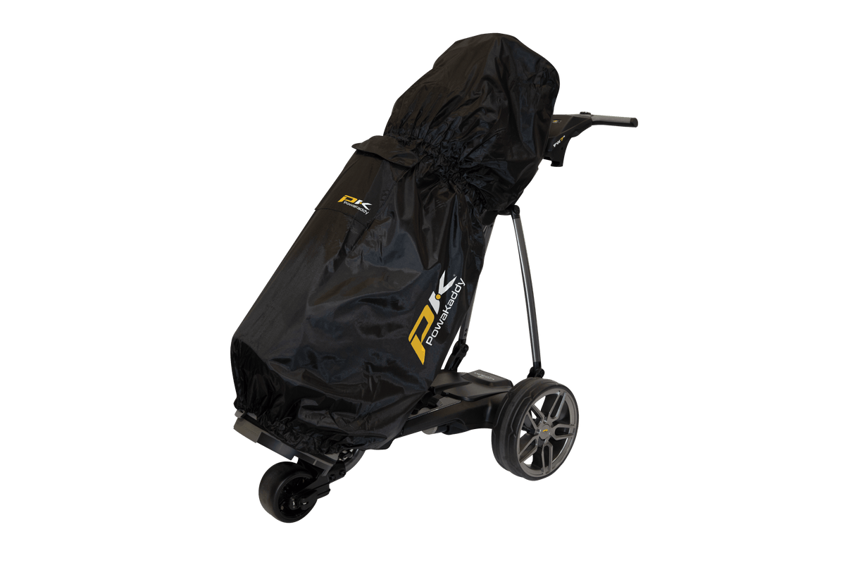 Schwarze Regenhülle für PowaKaddy Golf Trolley, wasserdicht, elastischer Rand, schützt komplett.