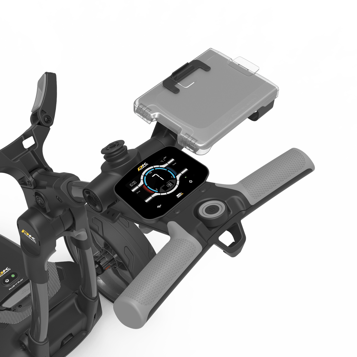 Schwarzer PowaKaddy Scorecard Halter mit transparentem Deckel und integriertem Tacho am Trolleygriff.