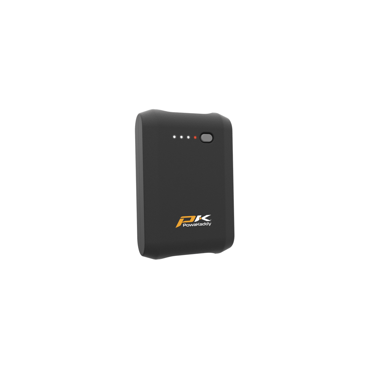 Kompakter schwarzer PowaKaddy PowaPack Akku mit orange-weißem Logo und LED-Anzeige.