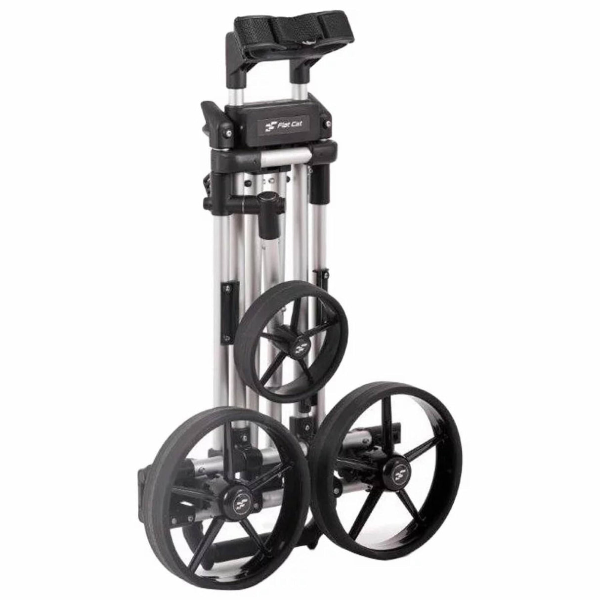 Silberner elektrischer Golf-Trolley Flat Cat GO Li-Fe mit drei robusten Rädern und verstellbarem Griff.