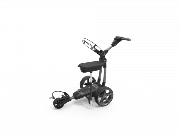 Schwarzer PowaKaddy Deluxe Klapp-Sitz mit Halterung und Lenkgriff, geeignet für Golf-Trolleys.