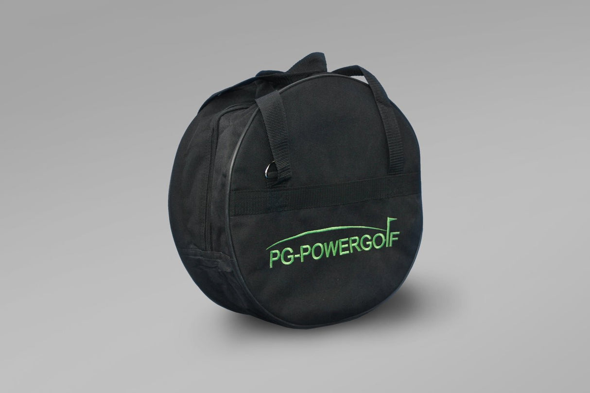 Schwarze runde Golf-Radtasche mit grünem PG-Powergolf-Logo und Tragegriff.