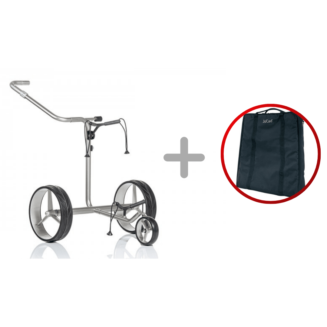 Elektrotrolley Jucad Junior DRIVE Edelstahl mit silbernem Rahmen und schwarzen Reifen plus schwarzer Tragetasche.