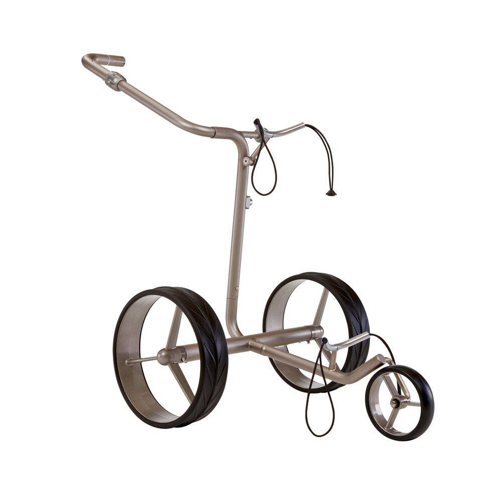 Elektrotrolley Jucad Junior DRIVE Edelstahlrahmen mit drei schwarzen Rädern und Lenkergriff.