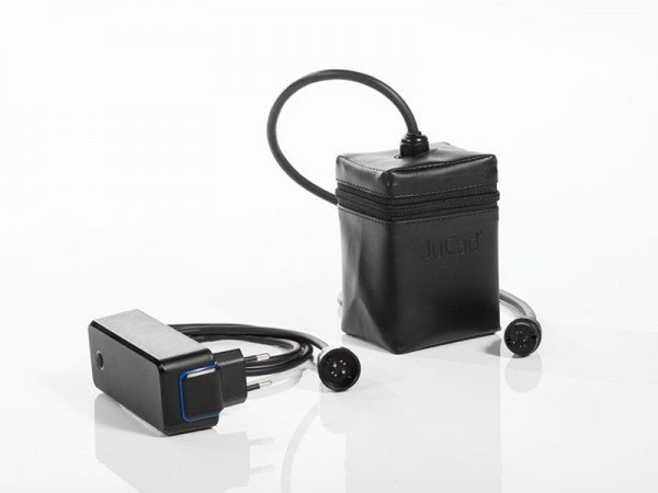 Schwarze Ladestation mit Kabel und passender Tragetasche aus Leder für Elektrotrolley Zubehör.