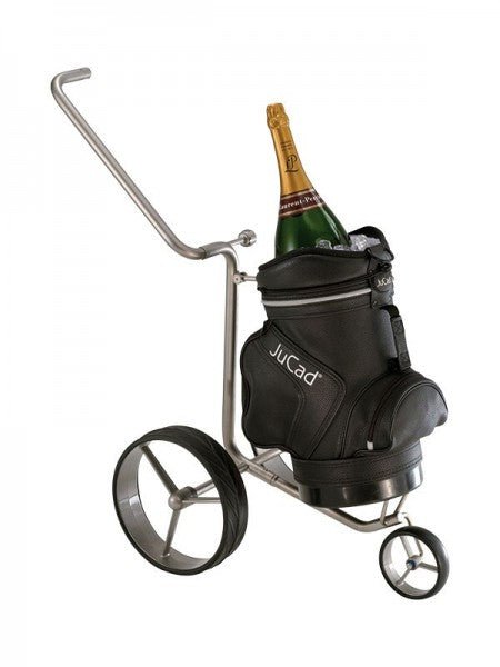 Schwarzer Jucad Champagner Golf Caddy mit Flaschenhalter und drei Rädern.